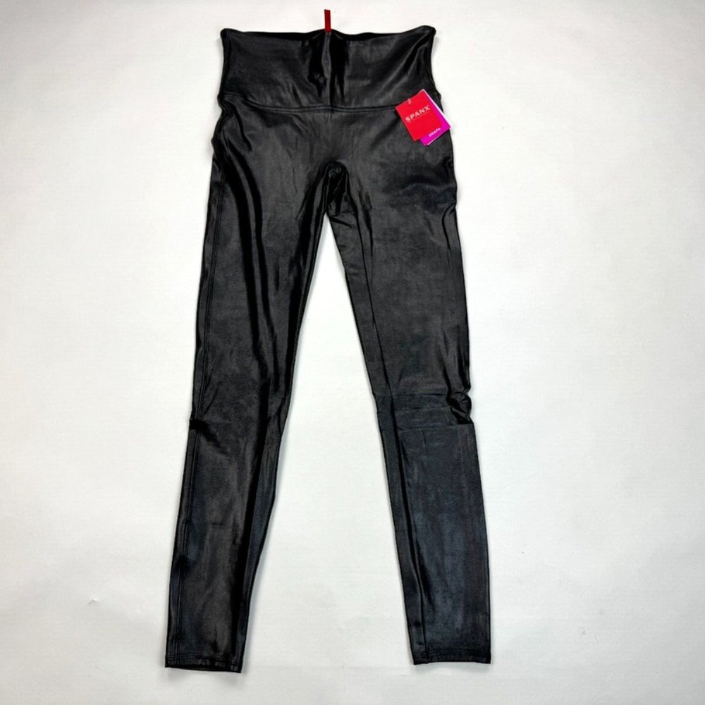 Spanx Faux Leather Leggings Women L‎ NWT Shaping Waistband Stretch Nylon Black